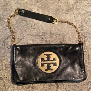 Tory Burch Black Leather Clutch with Gold Logo